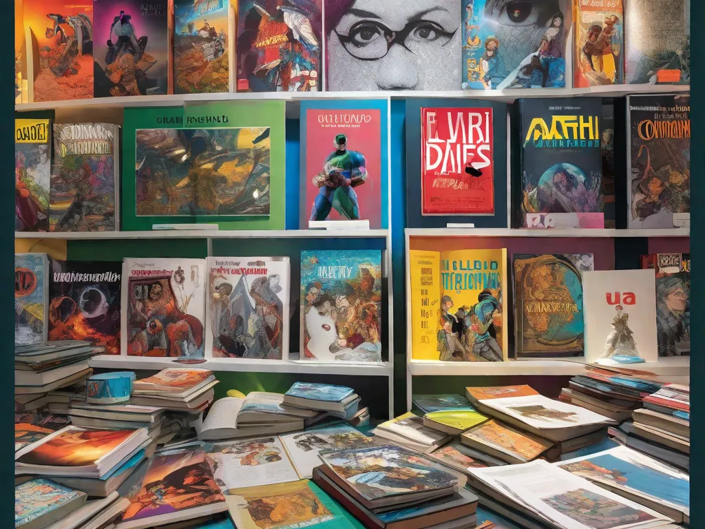 Uma imagem vibrante e dinâmica apresentando uma coleção de romances gráficos influentes do século 21. Os livros são exibidos de maneira estilizada e chamativa, destacando seus diversos gêneros e estilos de arte. Cada capa representa uma narrativa única, convidando os leitores a explorar o rico mundo da narrativa gráfica contemporânea.
