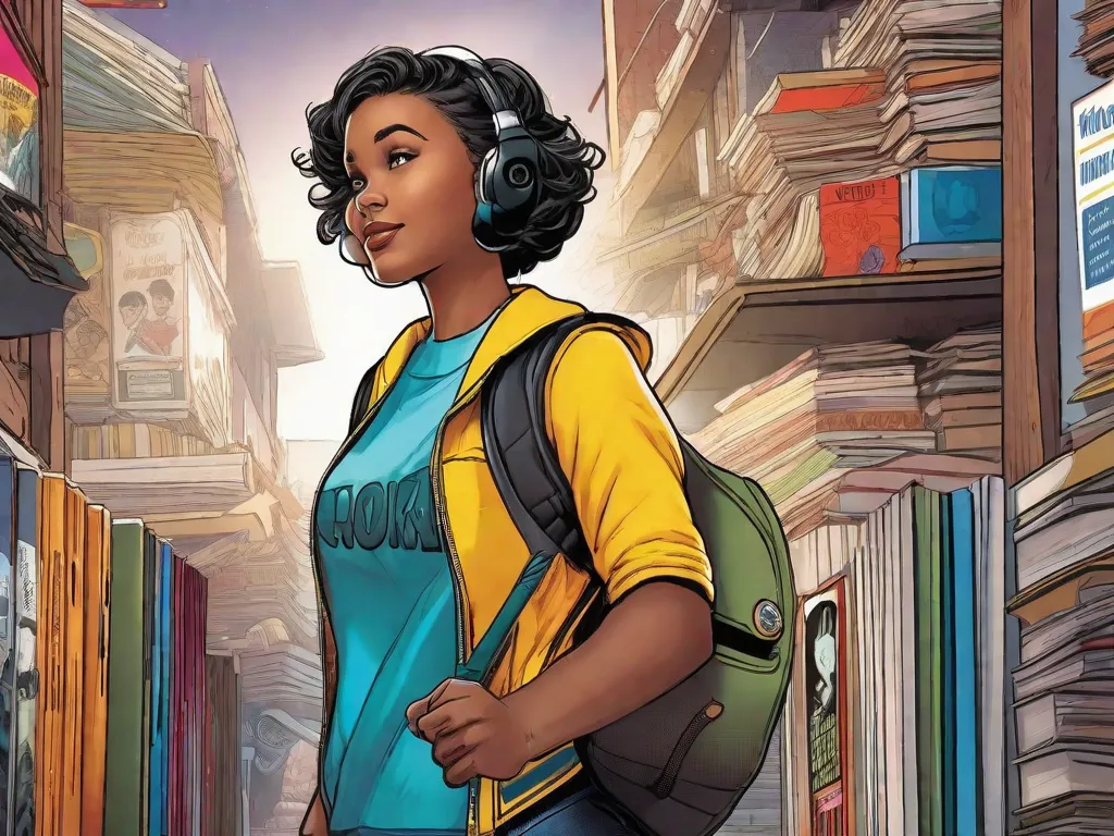 Uma imagem vibrante e dinâmica captura a essência das novelas gráficas. Linhas ousadas e cores vibrantes dão vida aos personagens, enquanto balões de fala e palavras onomatopeicas adicionam um senso de ação e emoção. A imagem destaca o poder da narrativa visual, atraindo os leitores para um mundo de imaginação e criatividade.
