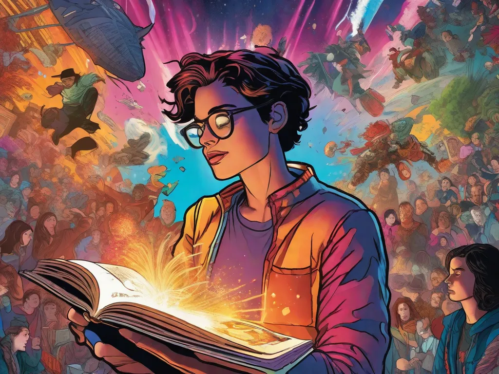 Descrição da imagem: Uma ilustração vibrante e dinâmica de uma pessoa lendo uma história em quadrinhos, cercada por uma explosão colorida de personagens icônicos e cenas de várias histórias em quadrinhos. A pessoa está totalmente imersa na história, com os olhos bem abertos e uma expressão de maravilha no rosto. A imagem captura a emoção e a importância das histórias em quadrinh