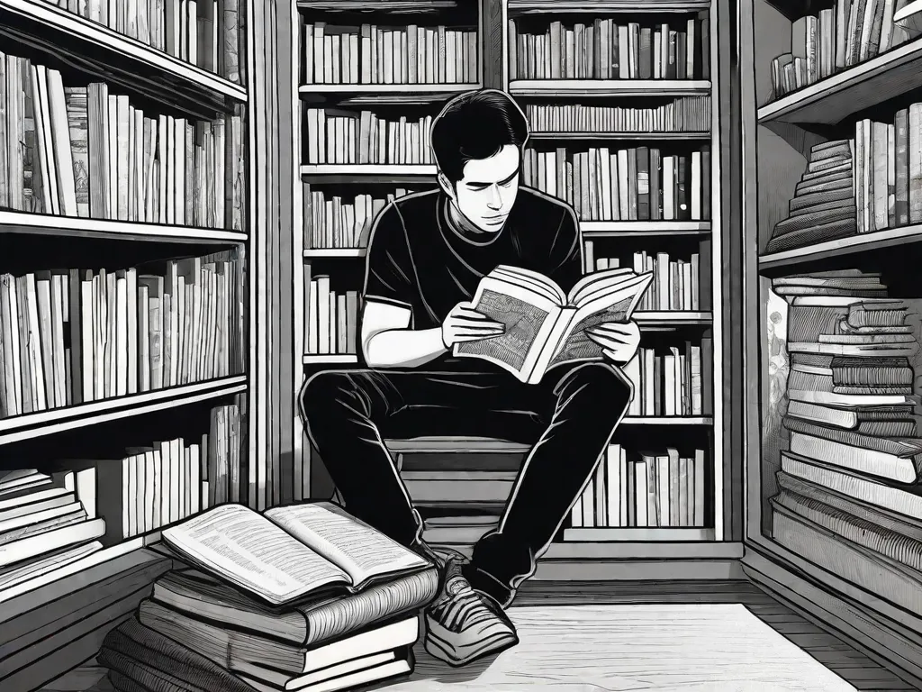 Uma imagem em preto e branco de uma pessoa sentada em um canto aconchegante, cercada por prateleiras cheias de romances gráficos. A pessoa está absorta na leitura de um dos romances, com uma expressão de intensa concentração no rosto. A imagem captura a profundidade e complexidade da narrativa que os romances gráficos oferecem, mostrando sua capacidade de ir além dos