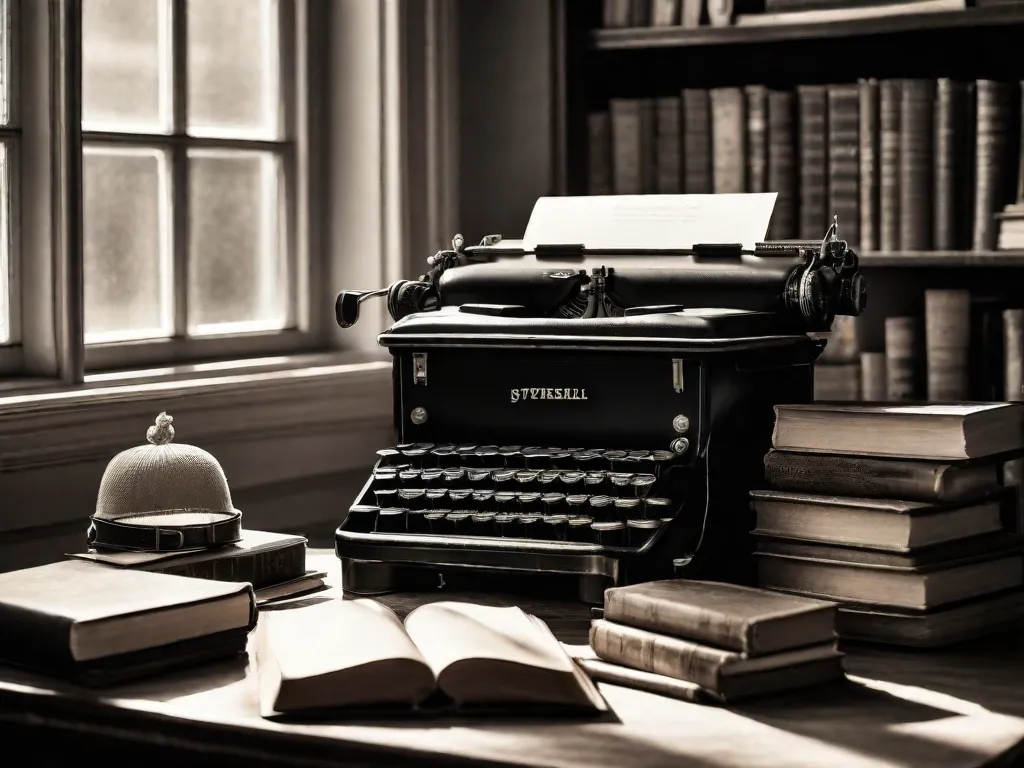 Uma fotografia em preto e branco captura a essência da literatura histórica. Uma máquina de escrever vintage repousa sobre uma mesa de madeira, cercada por pilhas de livros antigos. A luz suave do sol atravessa uma janela, lançando um brilho nostálgico sobre a cena, transportando-nos para uma era passada de contos e imaginação.