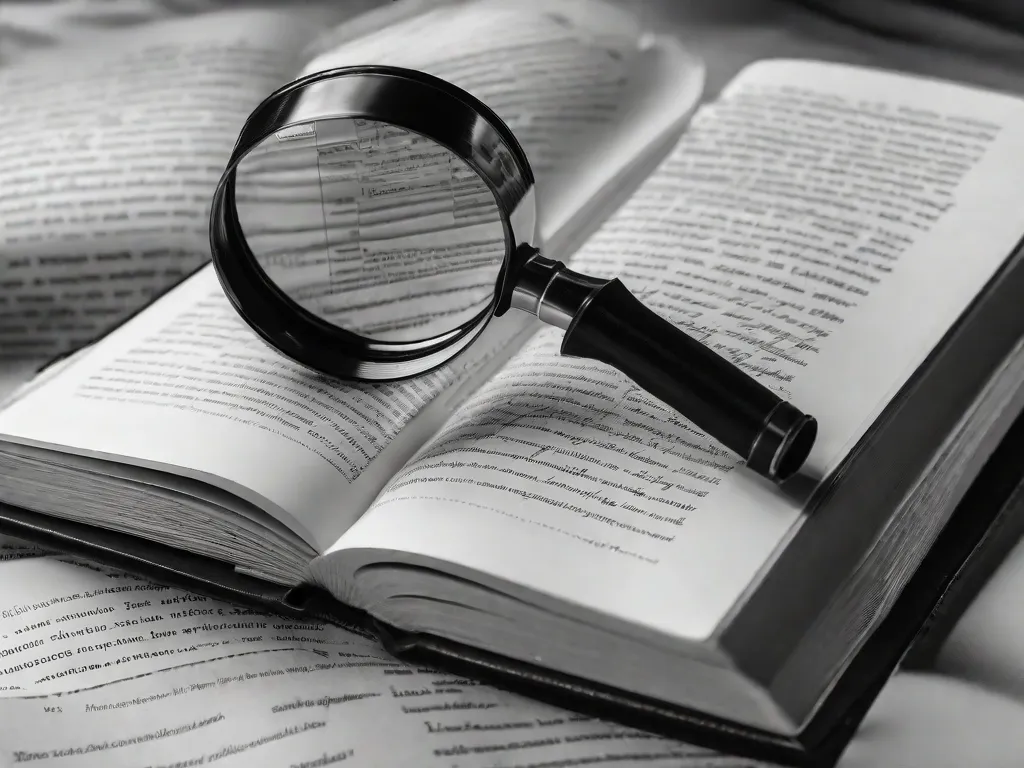 Uma imagem em preto e branco de um livro aberto com uma lupa descansando em cima. As páginas do livro estão preenchidas com citações filosóficas escritas à mão e anotações, simbolizando a exploração profunda e análise da literatura para compreender seu impacto profundo na filosofia.