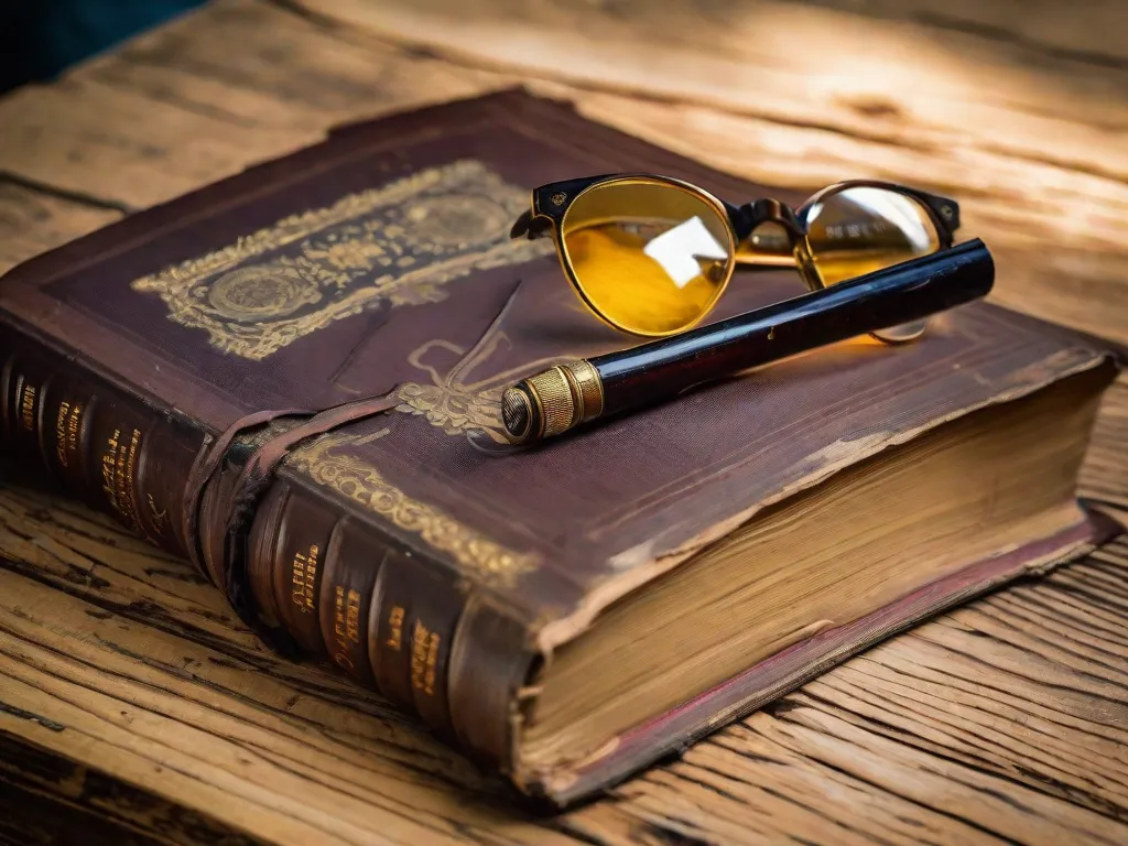 Descrição da imagem: Uma fotografia em close-up de um livro desgastado deitado sobre uma mesa de madeira. As páginas do livro estão amareladas pelo tempo, e sua capa mostra sinais de desgaste. Um par de óculos de leitura repousa em cima do livro, simbolizando a profunda conexão entre filosofia e literatura, pois ambos fornecem lentes através das quais explorar e