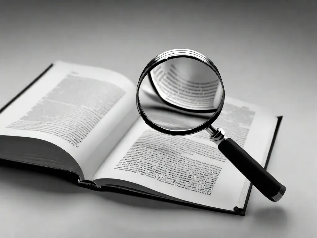 Uma imagem em preto e branco de um livro aberto com uma lupa pairando sobre as páginas. O texto nas páginas está borrado, simbolizando a natureza complexa da filosofia na literatura. A lupa representa a curiosidade do leitor e o desejo de mergulhar profundamente no impacto profundo da filosofia na literatura.