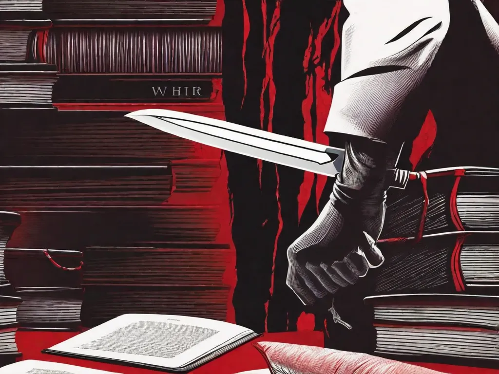 Uma capa de livro escura e misteriosa com um fundo vermelho sangue e uma silhueta de uma pessoa segurando uma faca. O título do livro está escrito em uma fonte ousada e arrepiante, criando uma atmosfera sinistra que cativa os leitores e os deixa desejando por mais reviravoltas cheias de suspense.