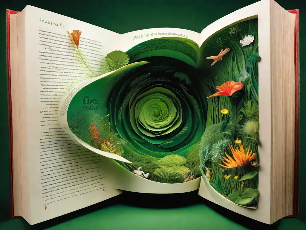 Uma imagem vibrante de um livro com uma capa verde exuberante, adornada com ilustrações intricadas de várias plantas e animais. As páginas do livro estão abertas, revelando palavras que parecem ganhar vida, transformando-se em um redemoinho de elementos da natureza - vento, água, terra e fogo. Essa imagem representa a integração perfeita da ecologia e da literatura, onde