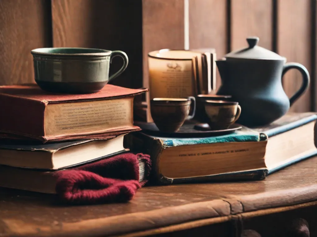 Descrição da imagem: Uma pilha de livros antigos em uma mesa de madeira, com uma xícara de café fumegante ao lado. Os livros têm capas desgastadas e títulos desbotados, representando uma coleção de antologias literárias. A luz suave da manhã ilumina a cena, criando uma atmosfera aconchegante e convidativa para a leitura e expl