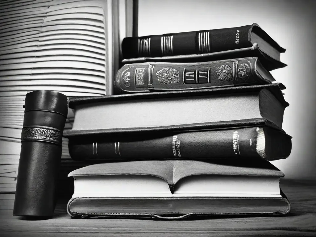 Uma imagem que retrata uma máquina de escrever antiga colocada em cima de uma pilha de livros filosóficos, simbolizando a relação entrelaçada entre filosofia e literatura. A máquina de escrever representa a expressão criativa encontrada na literatura, enquanto os livros representam as ideias profundas e os conceitos filosóficos que inspiram e moldam as obras literárias