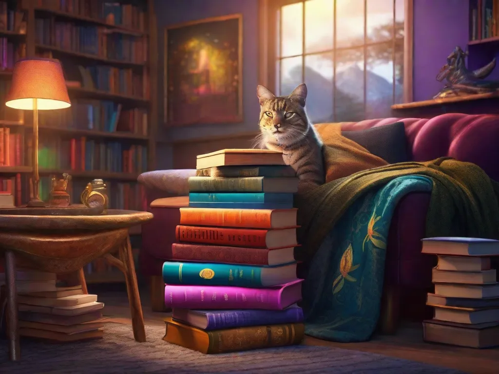 Uma pilha colorida de livros com capas vibrantes, que vão desde fantasia até aventura, está em um cantinho aconchegante para leitura. Cada livro convida os jovens leitores a embarcarem em emocionantes jornadas literárias, cultivando o amor pela leitura e despertando sua imaginação.