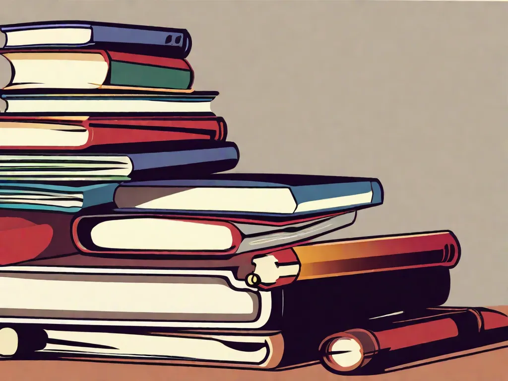 Descrição da imagem: Uma pilha de livros com uma caneta e um caderno colocados em cima. Os livros representam diferentes gêneros da literatura, simbolizando a variedade de obras literárias. A caneta e o caderno simbolizam o processo de escrever e analisar a literatura através de ensaios. Essa imagem representa a importância dos ensaios literários na educação, incentivando o