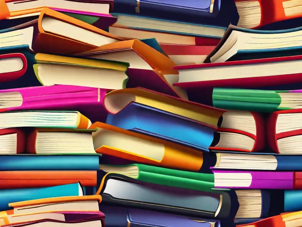 Uma imagem em close-up de uma pilha de livros coloridos, representando uma coleção diversificada de literatura infantil e juvenil. Os livros estão abertos, revelando páginas cheias de ilustrações vibrantes e histórias cativantes. Essa imagem simboliza o papel poderoso que a literatura infantil desempenha no desenvolvimento emocional e no estímulo à imaginação.