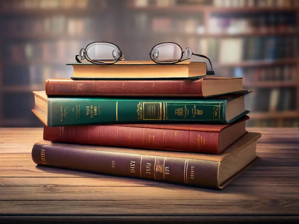 Descrição da imagem: Uma pilha de livros bem desgastados em uma mesa de madeira, com um par de óculos de leitura colocados em cima. Os livros representam diferentes gêneros e períodos de tempo, simbolizando a variedade diversa de obras literárias que os estudantes podem analisar. Os óculos significam a necessidade de uma análise cuidadosa e pensamento crítico ao estudar