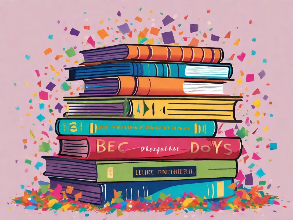 Descrição da imagem: Uma pilha de livros com capas vibrantes, representando diferentes gêneros e estilos, está cercada por uma explosão de confetes coloridos. Os livros parecem ganhar vida, como se cada um deles guardasse um mundo único esperando para ser explorado. Essa imagem captura a alegria e o enriquecimento que as antologias literárias trazem à leitura, oferec