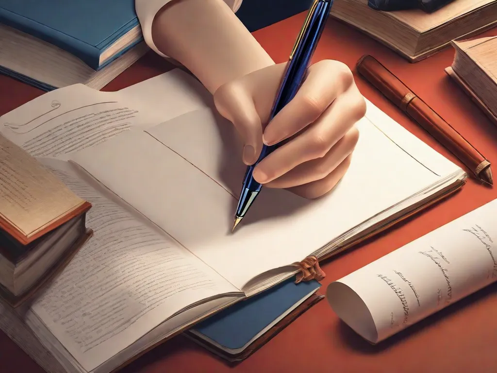 Descrição da imagem: Um close-up das mãos de uma pessoa segurando uma caneta e escrevendo em um caderno. O caderno está preenchido com páginas de texto escrito de forma organizada, mostrando o processo de envolvimento em ensaios literários. A imagem representa a importância dos ensaios literários na educação, destacando o ato de pensar criticamente, analisar e se expressar por meio da escrita