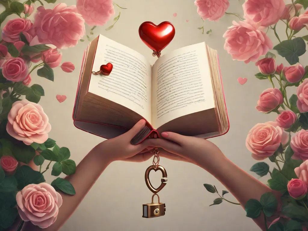 Descrição: Duas mãos segurando um livro com um cadeado em formato de coração. O livro está aberto e palavras estão fluindo dele, entrelaçando-se com vinhas e flores que representam o amor. As mãos estão delicadamente virando as páginas, simbolizando como a literatura nutre e aprimora os relacionamentos românticos.