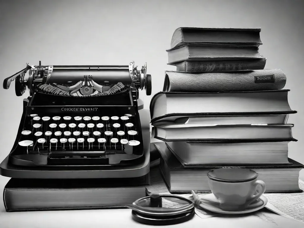 Uma imagem em preto e branco de uma máquina de escrever antiga colocada em cima de uma pilha de livros filosóficos. A máquina de escrever está cercada por pedaços de papel amassados, simbolizando o processo criativo da escrita e a profunda conexão entre filosofia e literatura.