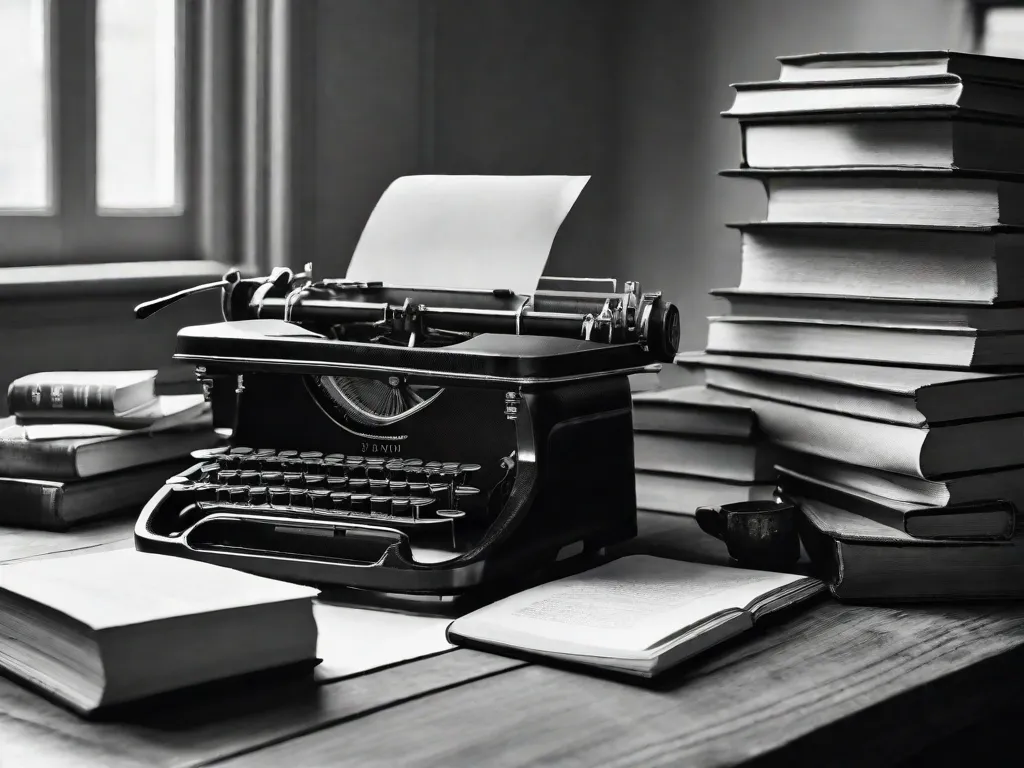 Uma imagem em preto e branco de uma máquina de escrever vintage sobre uma mesa de madeira, cercada por pilhas de livros. A máquina de escrever está levemente inclinada, com uma folha de papel em branco inserida, esperando para dar vida a histórias fictícias. A imagem representa a fusão da história e da ficção na literatura, onde o passado e a imaginação se entrela