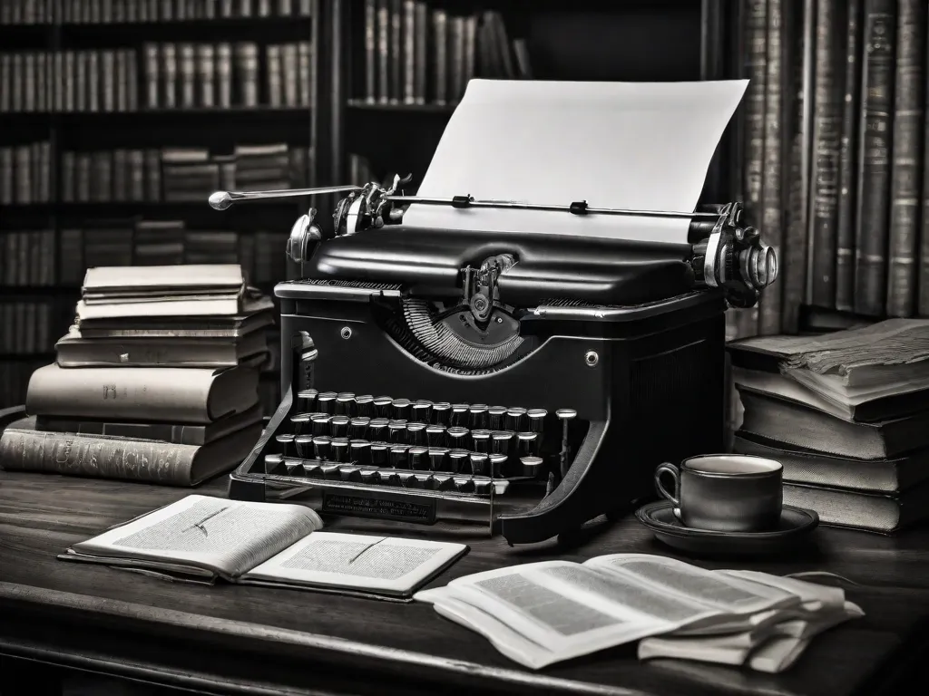 Uma imagem em preto e branco de uma máquina de escrever antiga, sentada em uma mesa de madeira, cercada por pilhas de livros. A máquina de escrever está adornada com uma folha de papel que diz 