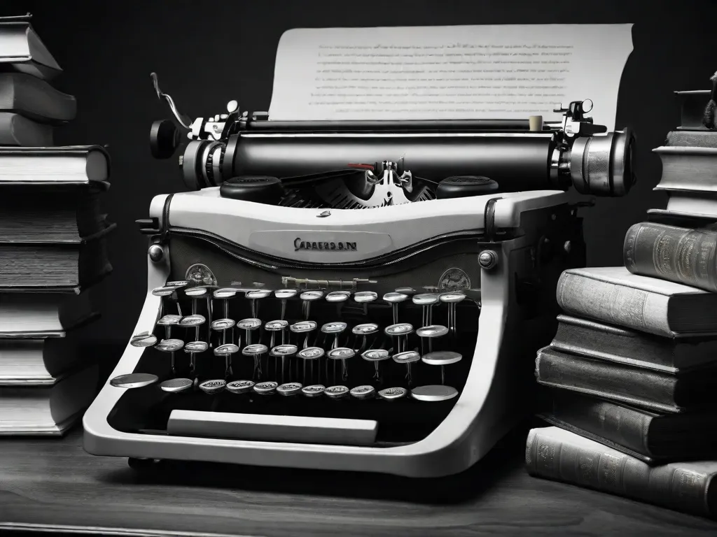 Uma imagem em preto e branco de uma máquina de escrever vintage sobre uma mesa, cercada por pilhas de livros. As teclas da máquina de escrever estão ligeiramente desgastadas, sugerindo as inúmeras histórias que foram escritas e os mundos fictícios que ganharam vida através do poder da literatura.