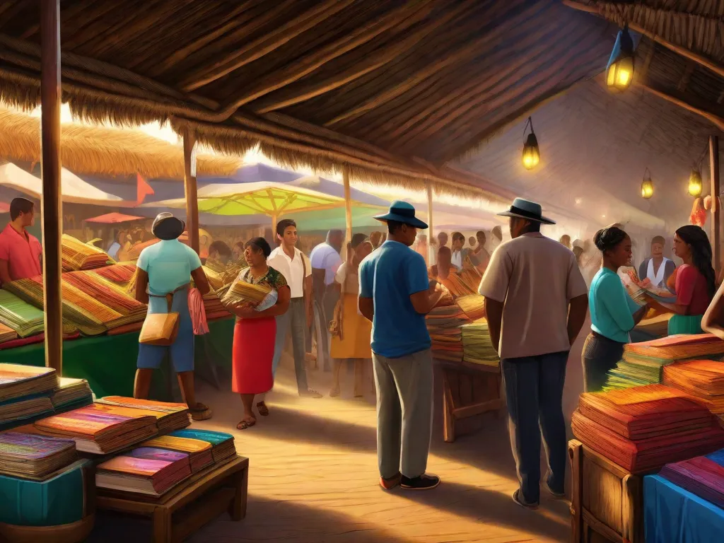 Uma ilustração vibrante de uma cena tradicional de um mercado brasileiro, com barracas coloridas vendendo livros artesanais de literatura de cordel. A imagem captura a essência de preservar o patrimônio cultural através da arte da narrativa, enquanto as pessoas se reúnem ao redor, cativadas pelas histórias sendo compartilhadas.