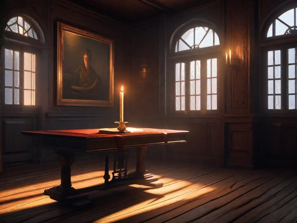 Descrição: Um quarto com pouca iluminação, com uma vela tremeluzente sobre uma antiga mesa de madeira. Um livro desgastado, com capa de couro surrado, está aberto, suas páginas cheias de ilustrações sinistras e contos arrepiantes. Sombras dançam nas paredes, aumentando a sensação de desconforto e antecipação, preparando o cenário