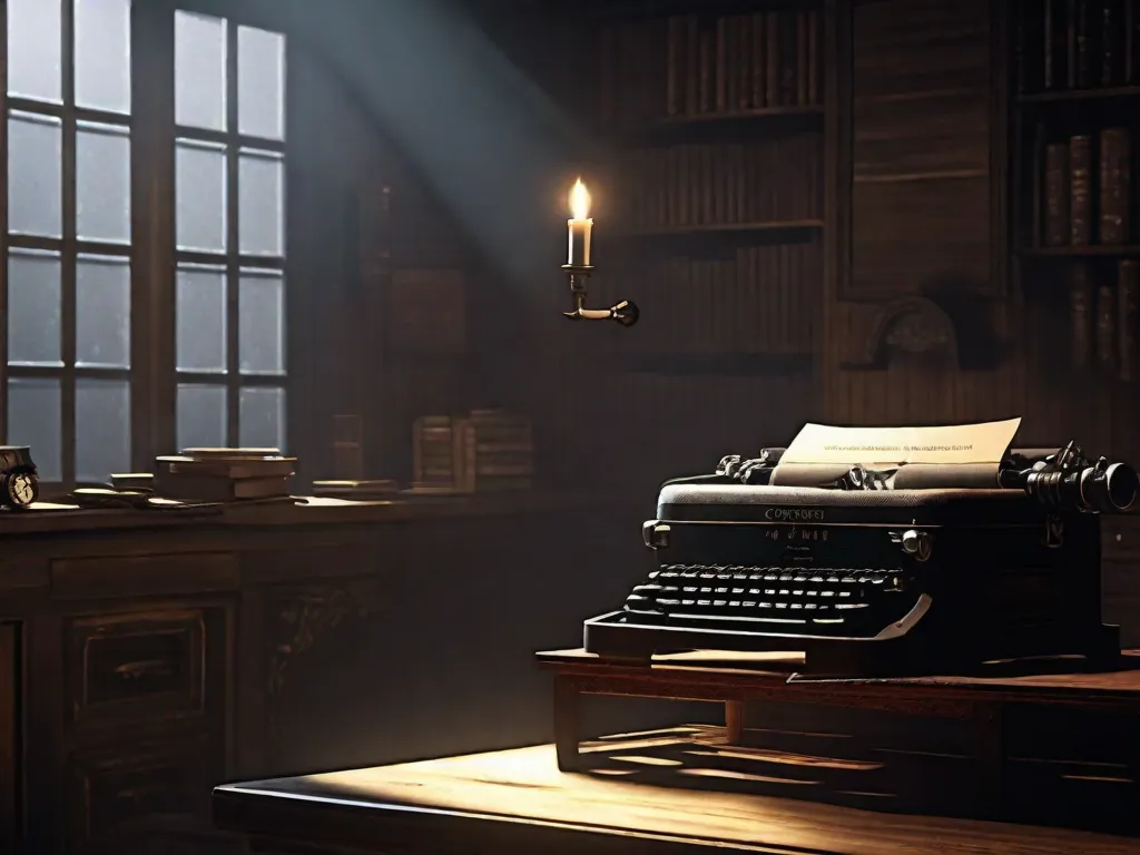 Descrição da imagem: Um quarto com pouca iluminação, com uma máquina de escrever em cima de uma mesa de madeira. O quarto está cheio de sombras assustadoras, e uma única vela tremeluzente é a única fonte de luz. A máquina de escrever está cercada por pedaços de papel amassados, como se o escritor estivesse lutando para encontrar as palavras perfeitas