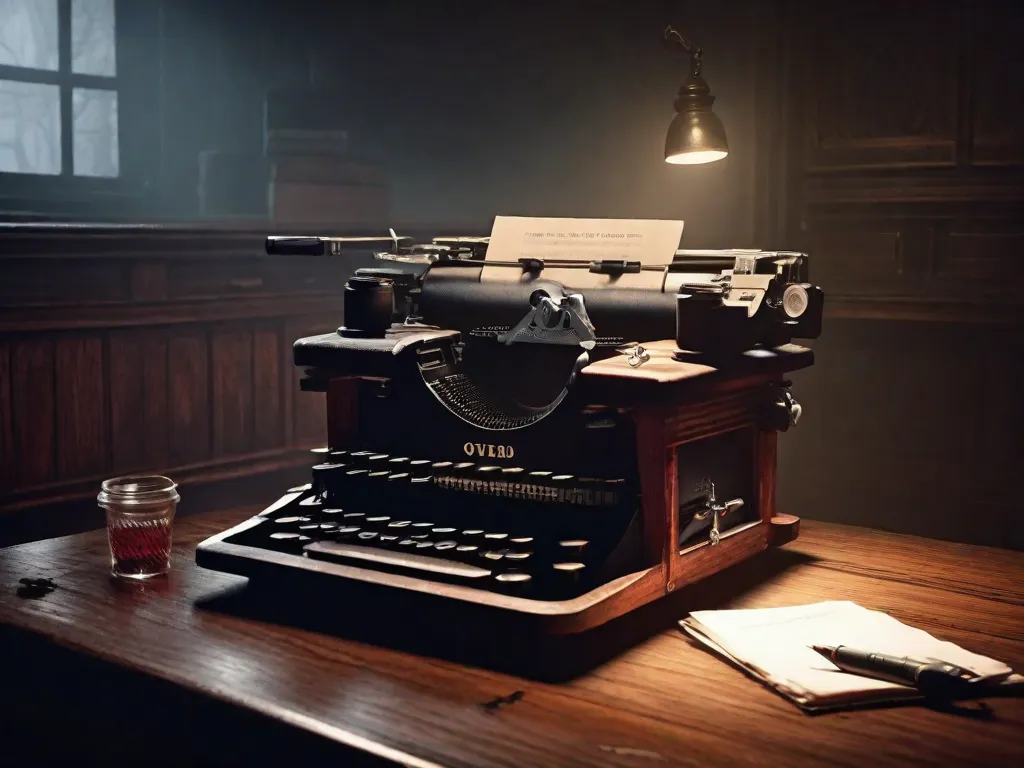 Descrição da imagem: Um quarto pouco iluminado com uma máquina de escrever colocada em uma antiga escrivaninha de madeira. O quarto está cheio de uma densa neblina, criando uma atmosfera assustadora. As teclas da máquina de escrever estão manchadas de sangue, simbolizando a habilidade do escritor em capturar o medo e o terror através de suas palavras.