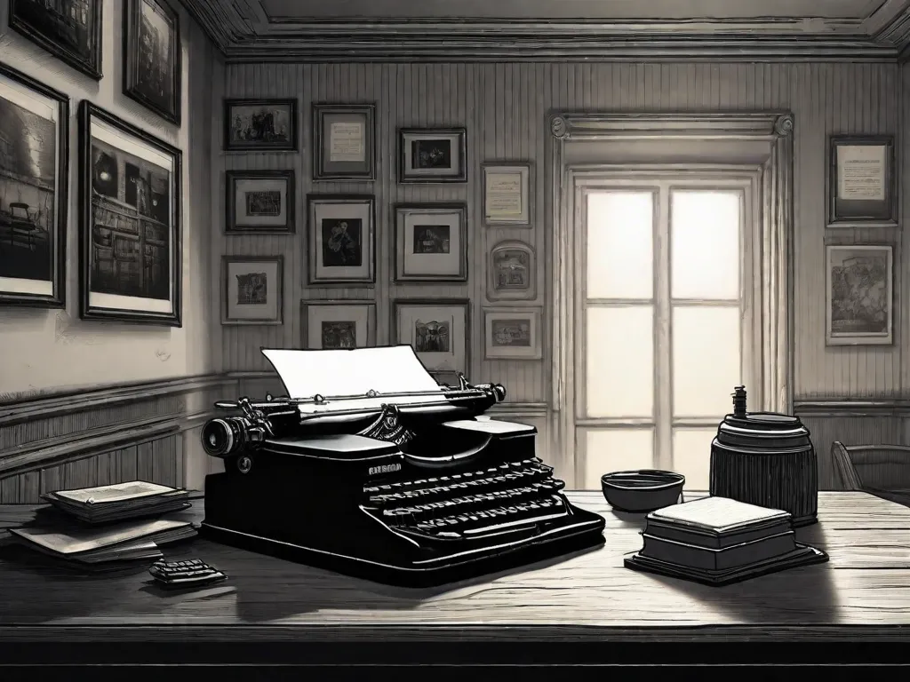 Descrição da imagem: Um quarto com pouca iluminação, com uma máquina de escrever em cima de uma mesa de madeira. As paredes estão adornadas com fotografias em preto e branco assustadoras, lançando sombras longas. As teclas da máquina de escrever estão manchadas de tinta, como se tivessem sido usadas para escrever contos arrepiantes que causam calafrios nos