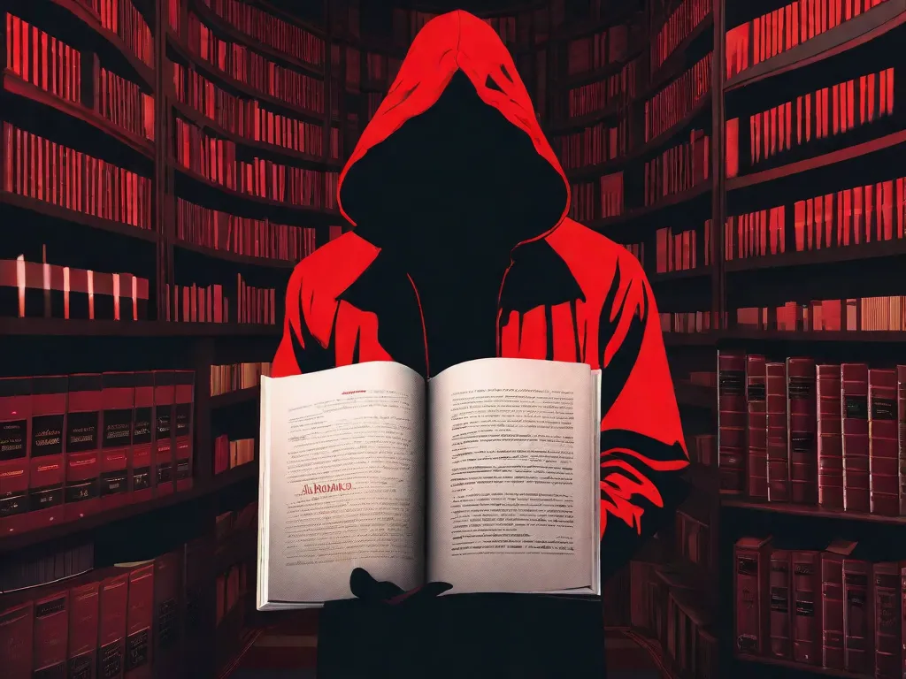 Uma silhueta escura de uma figura misteriosa emerge das sombras, segurando um livro em suas mãos. A capa do livro apresenta um fundo vermelho sangue com uma tipografia ousada e cativante. A imagem simboliza a natureza viciante dos romances de suspense, seduzindo os leitores com suas narrativas emocionantes e envolventes.