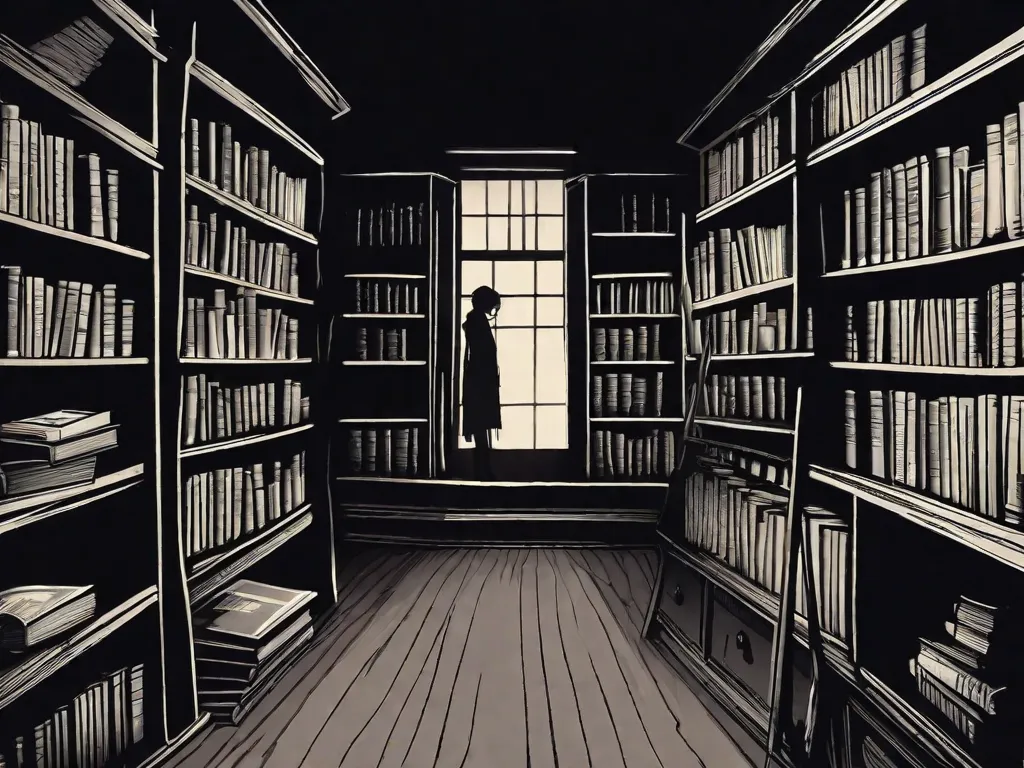 Uma imagem sombria e arrepiante de uma figura solitária em pé em um quarto fracamente iluminado, cercada por prateleiras cheias de livros antigos e rasgados. O rosto da figura está escondido nas sombras, aumentando a sensação de mistério e horror psicológico. A imagem captura a essência do horror psicológico na literatura, evocando uma sensação