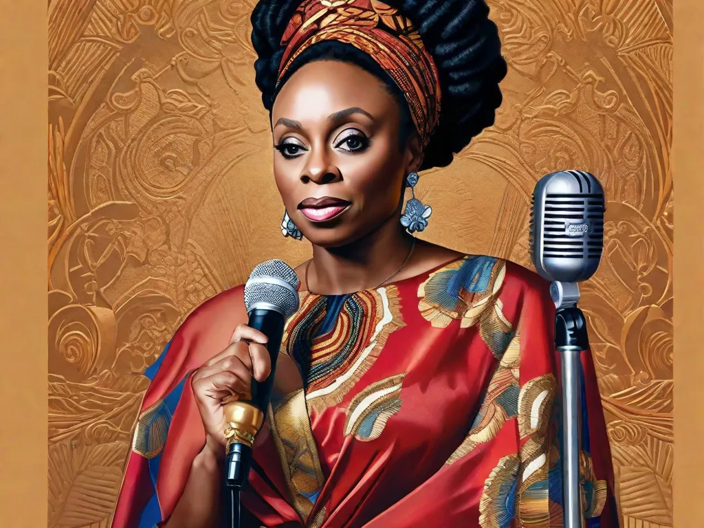 Descrição: Uma poderosa imagem de Chimamanda Ngozi Adichie, uma renomada autora nigeriana, em pé com confiança em um palco, microfone na mão. Sua presença cativante e palavras eloquentes servem como um farol de empoderamento para as mulheres africanas, inspirando-as a abraçar suas vozes e desafiar as normas sociais.