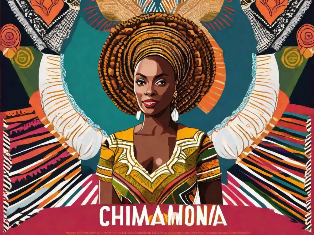 Descrição da imagem:
Uma imagem poderosa de Chimamanda Ngozi Adichie, uma renomada autora nigeriana, em pé confiantemente em um palco, proferindo um discurso apaixonado. Seus olhos expressivos e sua presença imponente cativam a plateia, simbolizando seu papel como uma forte voz feminina para a África. O cenário exibe padrões africanos vibrantes, represent