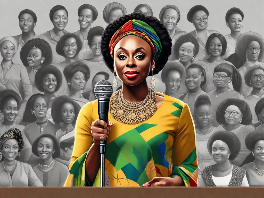 Descrição: Uma poderosa imagem de Chimamanda Ngozi Adichie, uma renomada autora nigeriana, em pé com confiança em um palco, microfone na mão. Sua presença cativante e palavras eloquentes servem como um farol de empoderamento para as mulheres africanas, inspirando-as a abraçar suas vozes e desafiar as normas sociais.