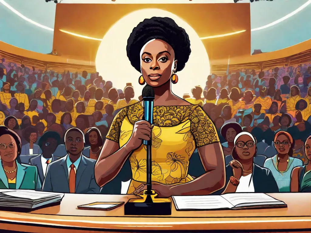 Descrição: Uma imagem impactante de Chimamanda Ngozi Adichie, uma renomada escritora africana, em pé confiantemente em um palco. Ela segura um microfone em uma das mãos, simbolizando sua voz como defensora feminista da África. A plateia ouve atentamente, cativada por suas palavras que empoderam e inspiram mulheres em todo o continente.