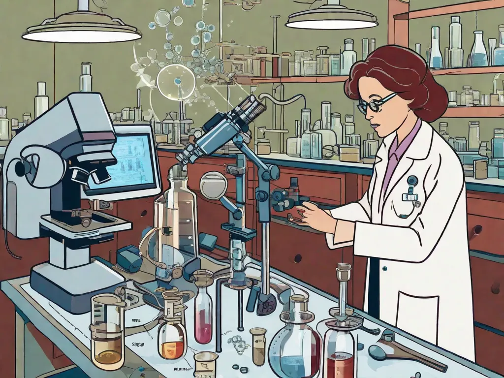 Nesta imagem, um cientista é mostrado trabalhando em um laboratório, cercado por vários equipamentos científicos. O foco está em um microscópio, através do qual o cientista está examinando uma estrutura cristalina. A imagem representa o trabalho inovador de Dorothy Hodgkin com cristalografia de raios-X, destacando o papel crucial dessa técnica na decifração da química da vida.