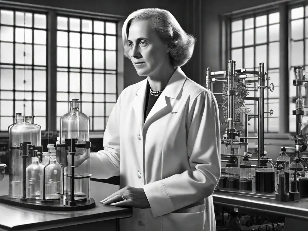 Uma imagem em preto e branco de Dorothy Hodgkin, uma renomada química britânica, em pé em um laboratório. Ela está vestindo um jaleco branco e está concentrada em examinar uma estrutura cristalina usando difração de raios-X. A imagem captura sua dedicação e trabalho pioneiro no uso de raios-X para desvendar a química da vida.
