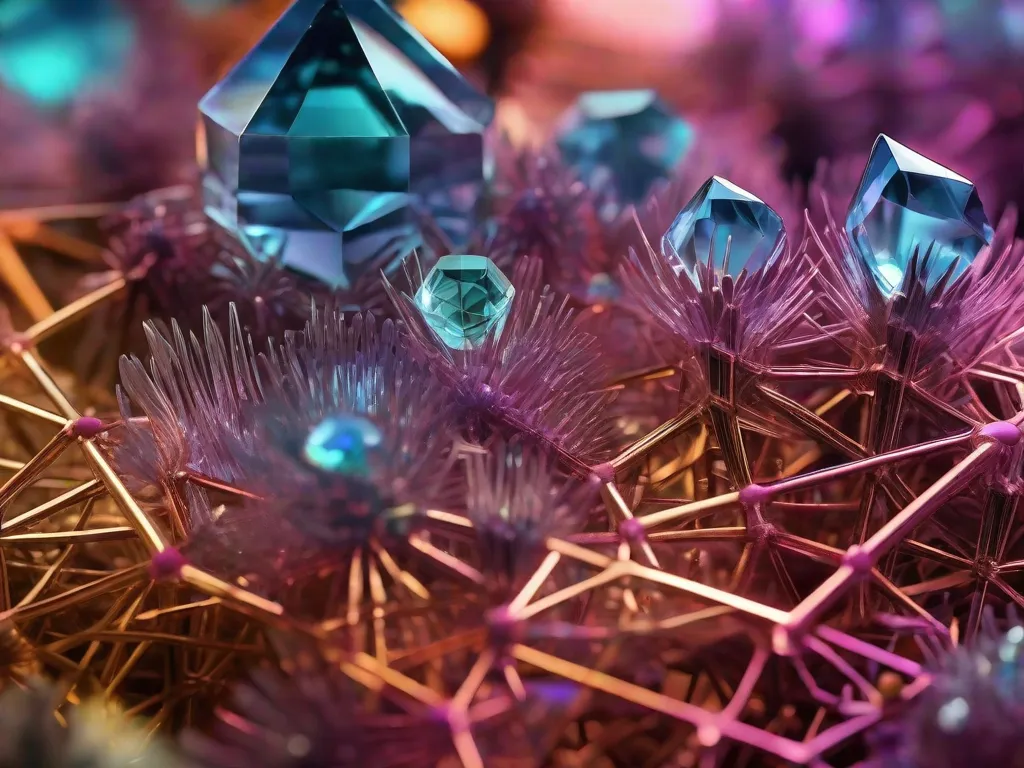 Uma imagem em close-up de uma estrutura cristalina, iluminada por raios-X, simbolizando o trabalho inovador de Dorothy Hodgkin ao utilizar a cristalografia de raios-X para estudar a química da vida. As cores vibrantes e os padrões intricados dentro do cristal refletem a complexidade e a beleza do mundo molecular que ela desvendou.