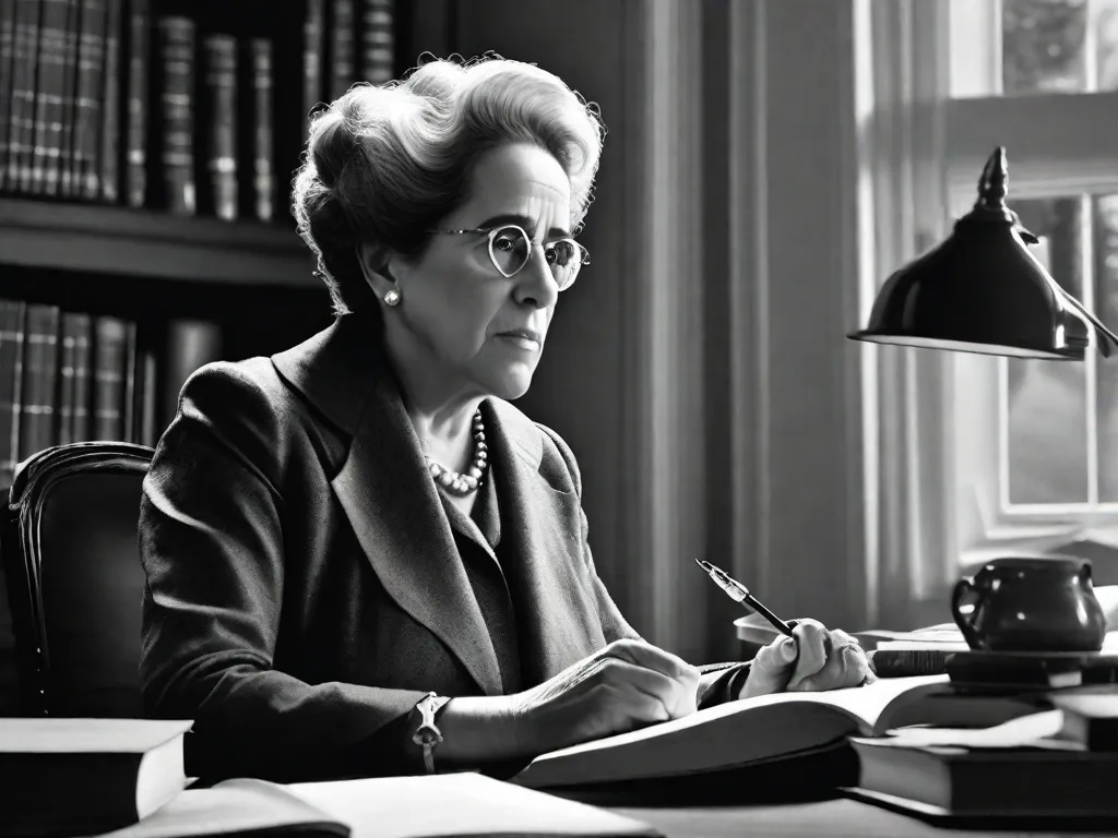 Descrição da imagem: Uma fotografia em preto e branco de Hannah Arendt, uma filósofa e teórica política renomada. Ela está sentada em uma mesa, mergulhada em pensamentos, com uma caneta na mão e uma pilha de livros ao seu lado. A imagem captura sua elegância intelectual e a natureza atemporal de suas ideias.