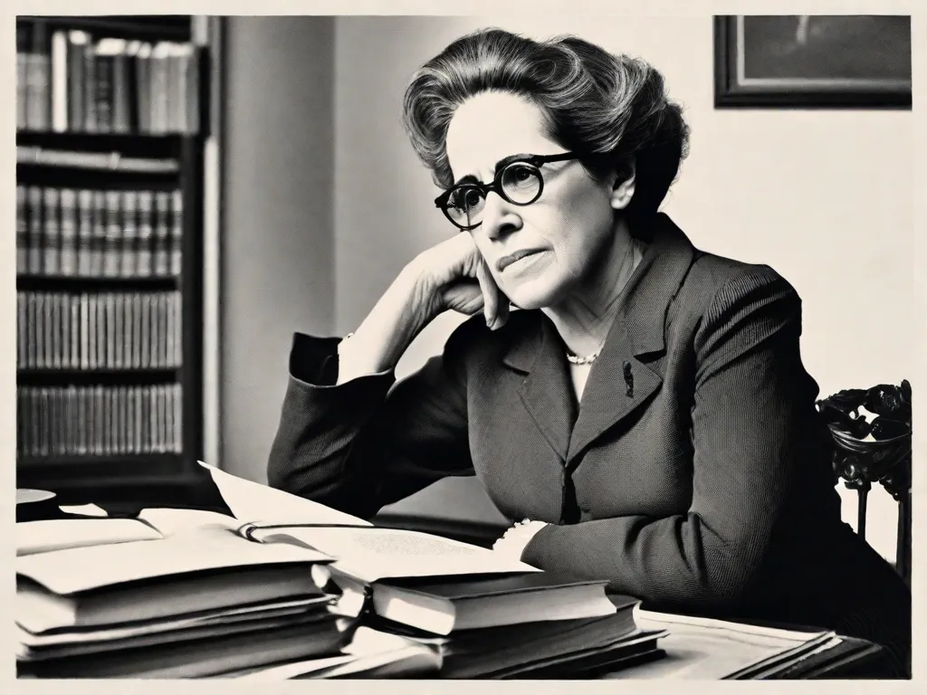 Descrição da imagem: Uma fotografia em preto e branco de Hannah Arendt, uma filósofa e teórica política distinta. Ela está sentada em uma mesa, pensativa, com uma caneta na mão e uma pilha de livros ao seu lado. A imagem captura sua presença intelectual e a natureza atemporal de suas ideias.