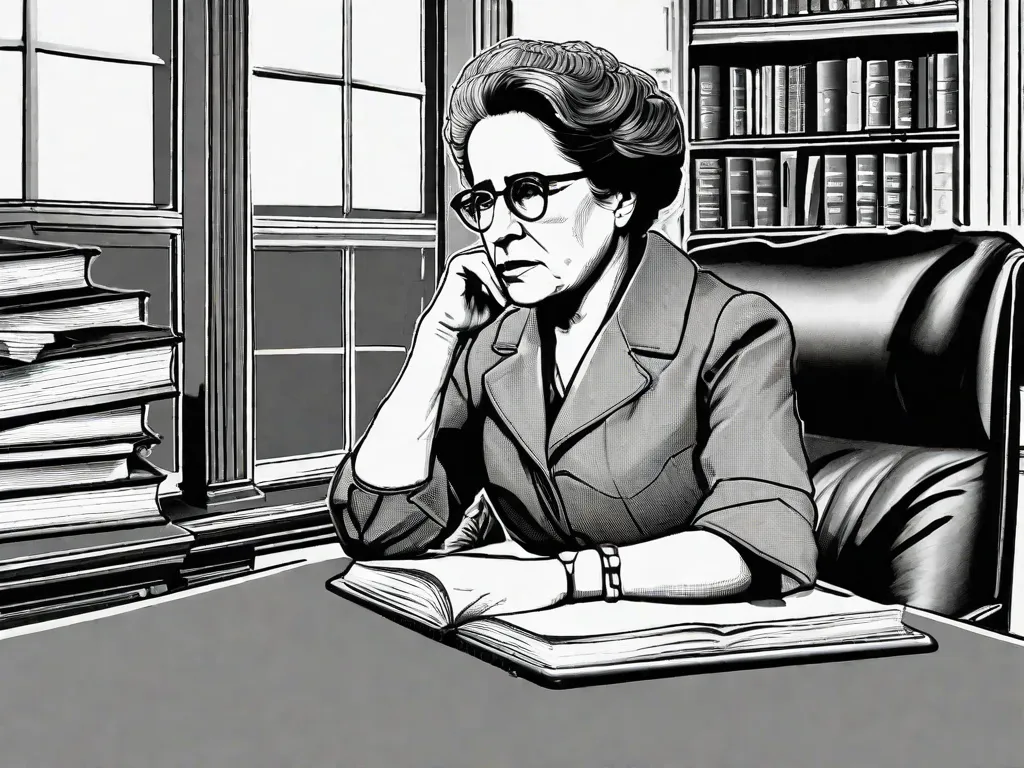 Descrição da imagem: Uma fotografia em preto e branco de Hannah Arendt, uma filósofa e teórica política distinta. Ela está retratada sentada em uma mesa, pensativa, com uma caneta na mão e uma pilha de livros ao seu lado. Seu olhar intenso e a testa franzida refletem sua habilidade intelectual e a relevância atemporal de suas ideias.