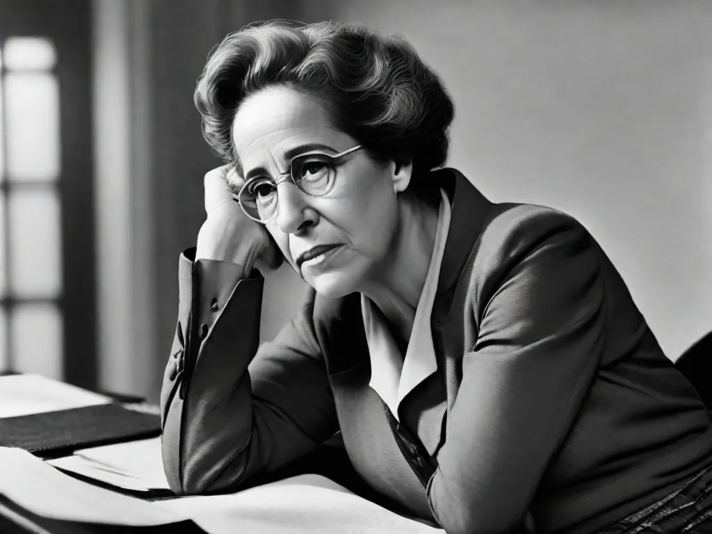 Descrição da imagem: Uma fotografia em preto e branco de Hannah Arendt, uma filósofa e teórica política distinta. Ela está sentada em uma mesa, pensativa, com uma caneta na mão e uma pilha de livros ao seu lado. A imagem captura sua presença intelectual e a natureza atemporal de suas ideias.