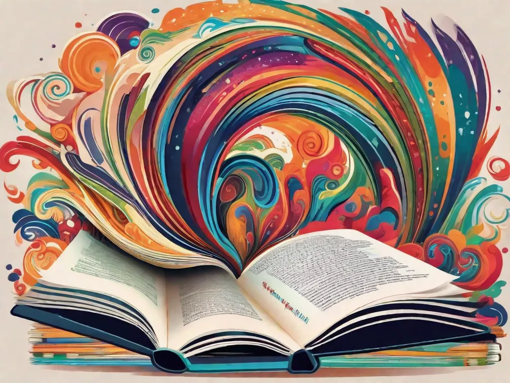 Descrição da imagem: Um close-up de uma mão segurando um livro com cores vibrantes e redemoinhantes fluindo de suas páginas. As cores representam as histórias diversas e cativantes que os