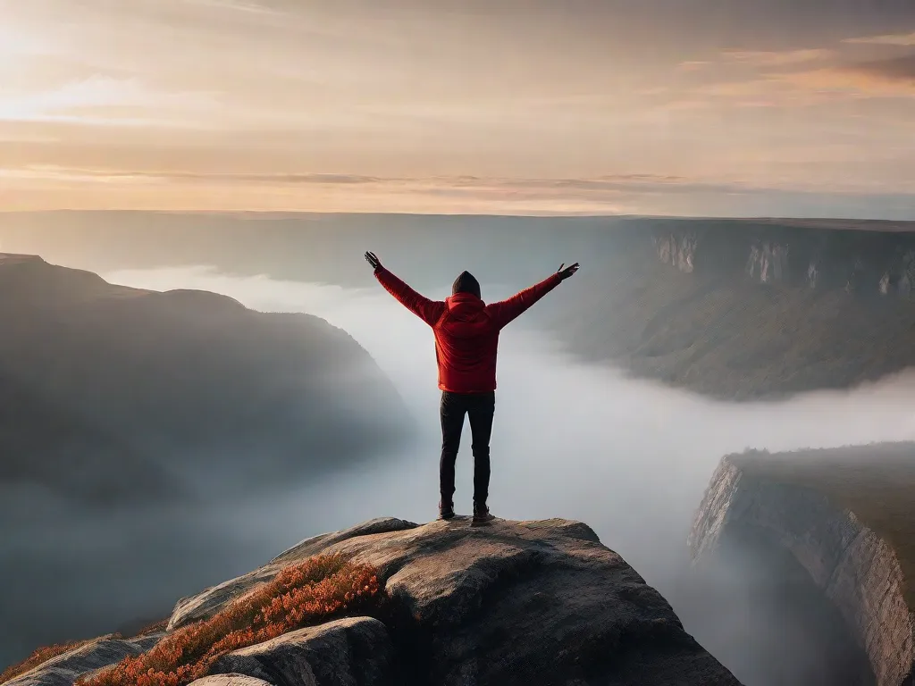 Uma imagem de uma pessoa em pé na beira de um penhasco, olhando para uma paisagem vasta e deslumbrante. Os braços da pessoa estão abertos, abraçando a beleza e as infinitas possibilidades que a vida tem a oferecer. Essa imagem simboliza a ideia de não mudar sua perspectiva sobre a vida, mas sim abraçá-la com mente e coração abertos.