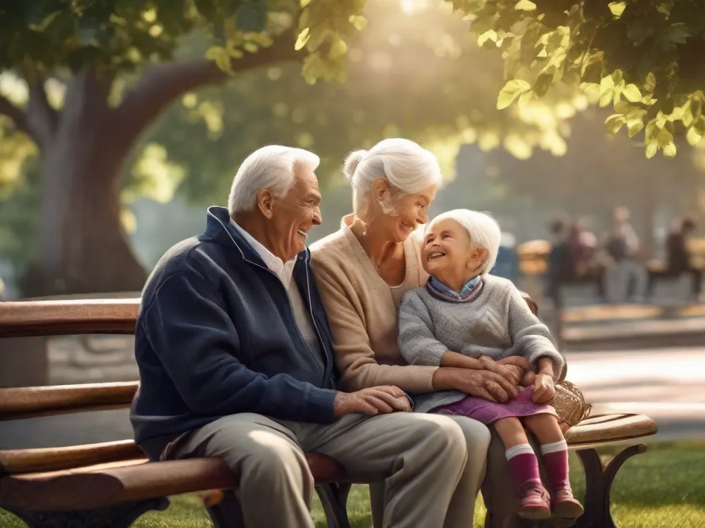 Uma imagem emocionante de um casal idoso sentado em um banco de parque, suas mãos suavemente segurando as de seus netos. Os sorrisos em seus rostos irradiam amor e alegria, simbolizando o forte vínculo e os momentos preciosos compartilhados entre avós e netos.