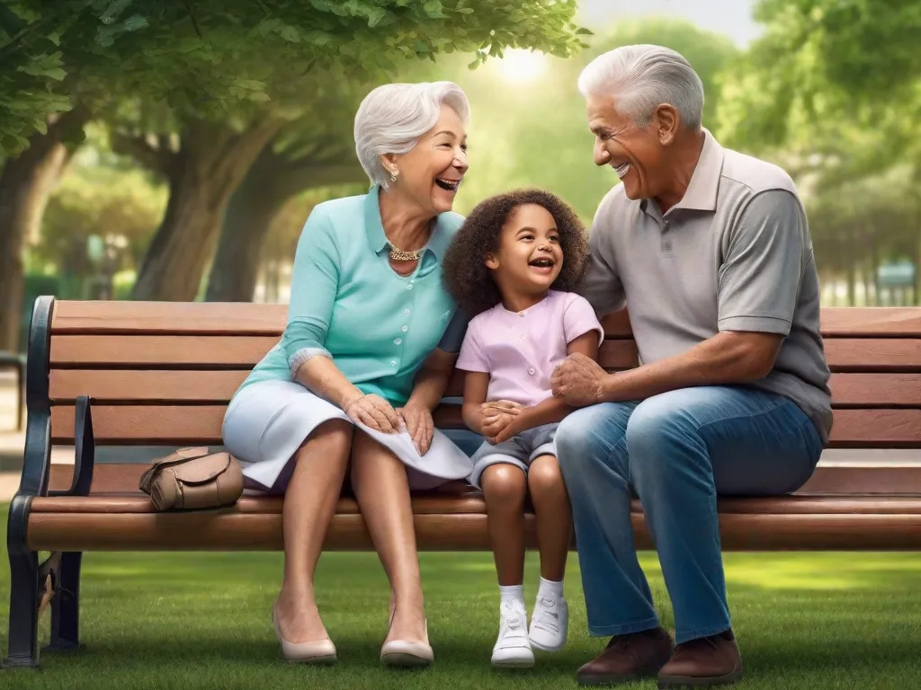 Uma imagem emocionante de um casal idoso e seu neto sentados em um banco de parque, compartilhando um momento cheio de risadas. Os olhos dos avós brilham de amor e alegria enquanto eles mimam seu neto, criando memórias inesquecíveis e fortalecendo o lindo vínculo entre gerações.