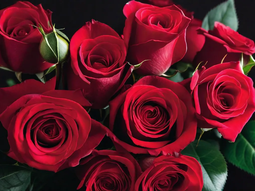 Uma imagem em close-up de um buquê lindamente arranjado de rosas vermelhas vibrantes, simbolizando amor e paixão. As pétalas estão perfeitamente formadas, criando uma exibição visualmente deslumbrante que captura a essência de uma história de amor perfeita.