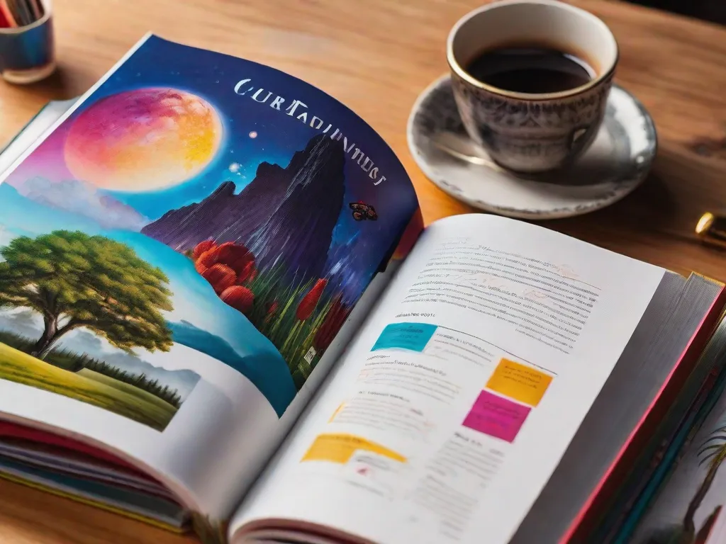 Descrição da imagem: Um livro aberto com ilustrações vibrantes e coloridas, retratando diferentes formas de arte, como pintura, escultura, fotografia e música. Cada página apresenta uma obra de arte única que representa a essência da criatividade e serve como inspiração para artistas de todos os tipos.