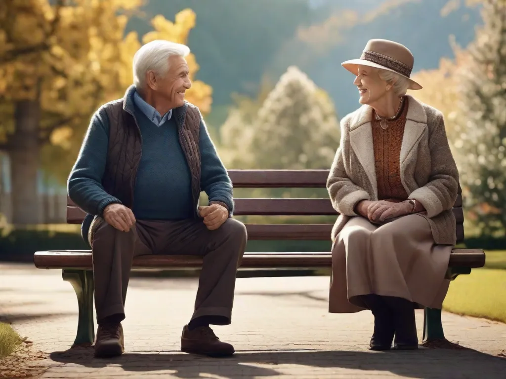 Uma imagem emocionante de um casal idoso e seu neto sentados em um banco de parque, compartilhando um momento cheio de risadas. Os olhos dos avós brilham de amor e alegria enquanto eles mimam seu neto, criando memórias inesquecíveis e fortalecendo o lindo vínculo entre gerações.