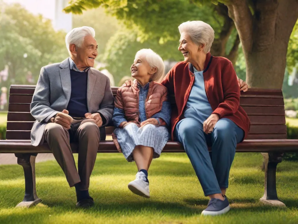 Uma imagem comovente de um casal idoso sentado em um banco de parque, cercado por seus netos. Os avós estão sorrindo com alegria enquanto conversam com atenção com seus netos, criando um lindo vínculo entre gerações. O amor e a conexão entre avós e netos são evidentes em suas expressões e gestos.