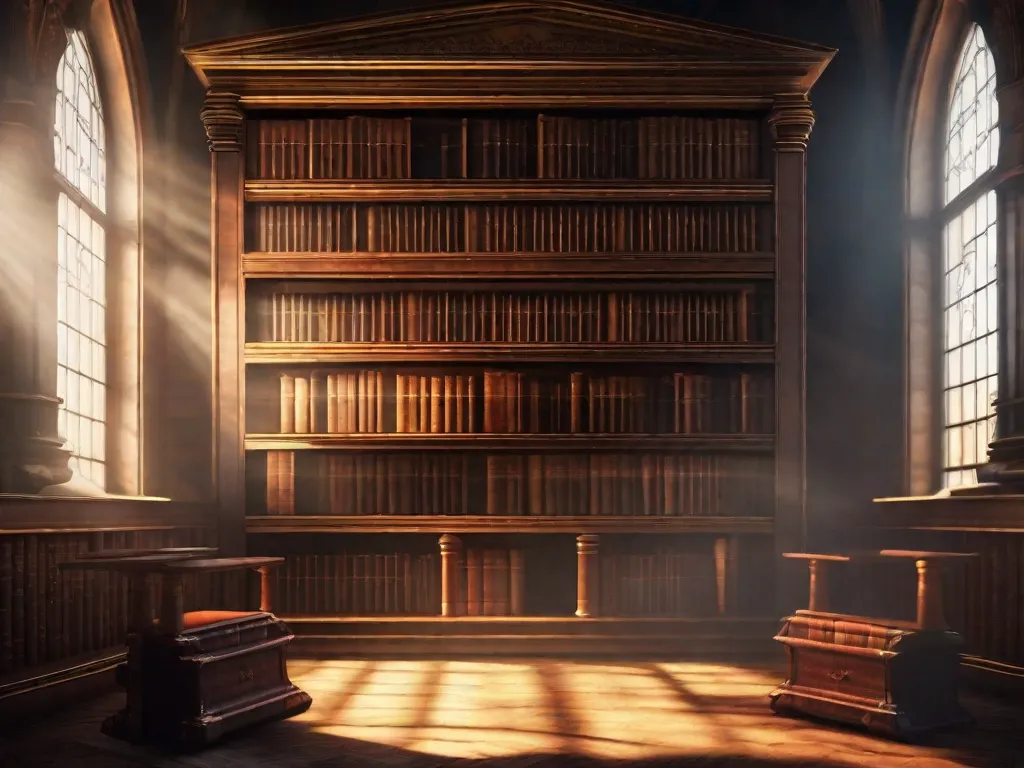 Uma foto de uma biblioteca antiga com fileiras de livros empoeirados, iluminada por um suave raio de sol que atravessa uma janela de vitral. A imagem captura o fascínio misterioso da literatura que pode transportar os leitores de volta aos tempos fascinantes de Nabucodonosor.
